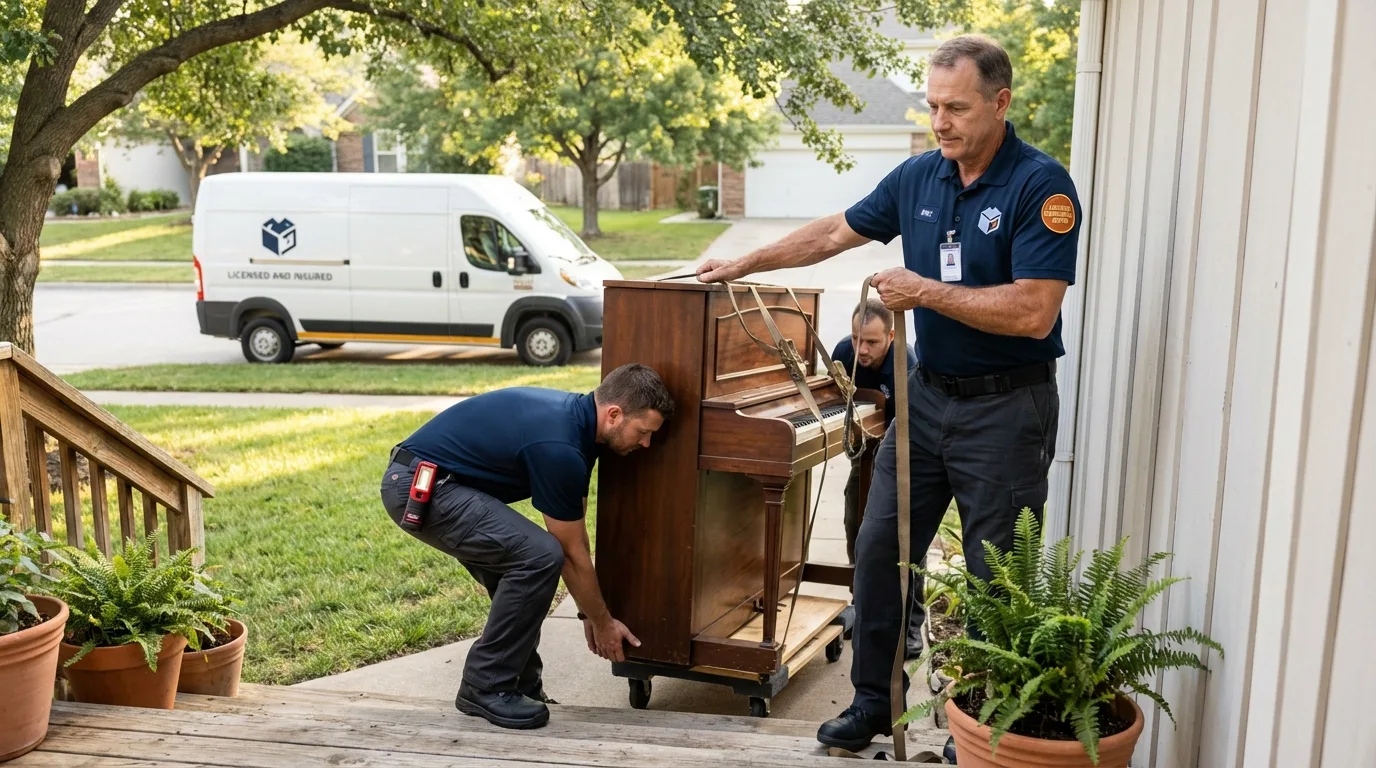 Licensed piano movers securing grand piano in Telford, PA