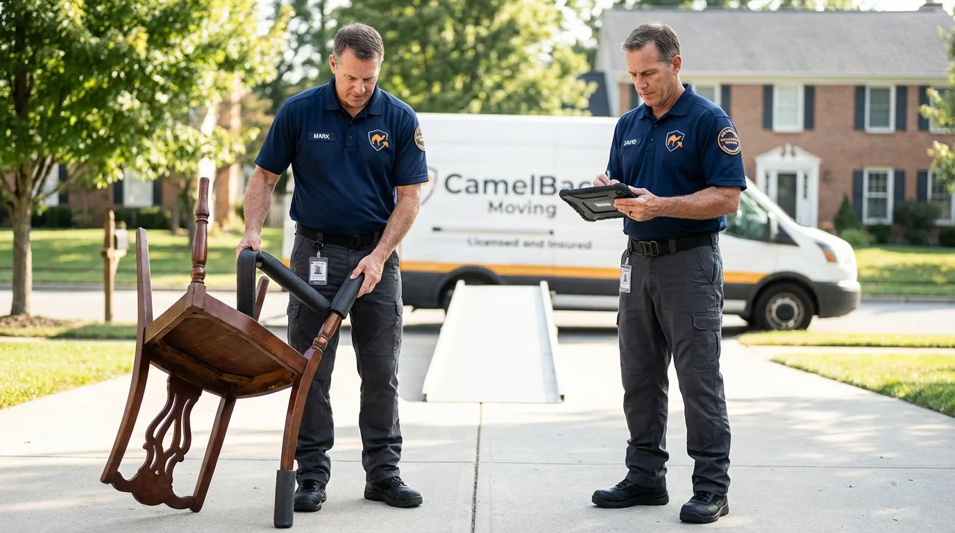 Movers inspecting furniture for damage prevention before loading in Telford, PA