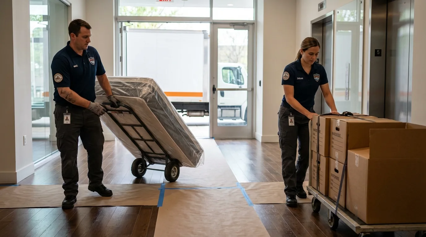 Professional apartment movers loading elevator in Telford, PA