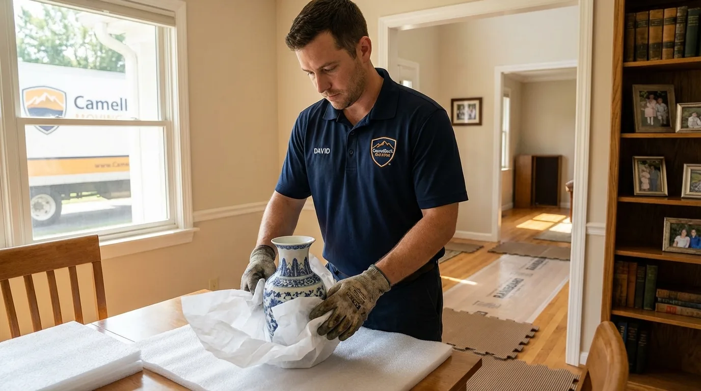 Professional crew carefully wrapping antique vase for senior downsizing move in Telford, PA
